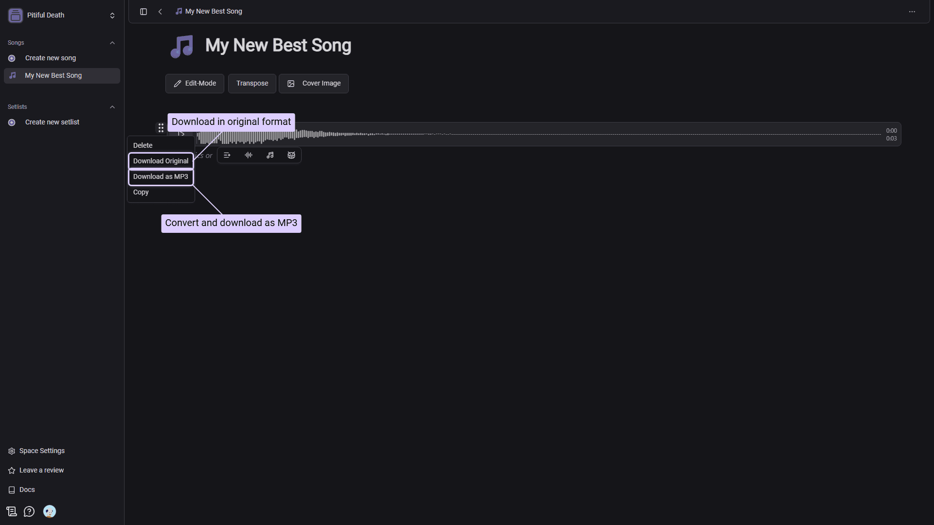 Download options menu