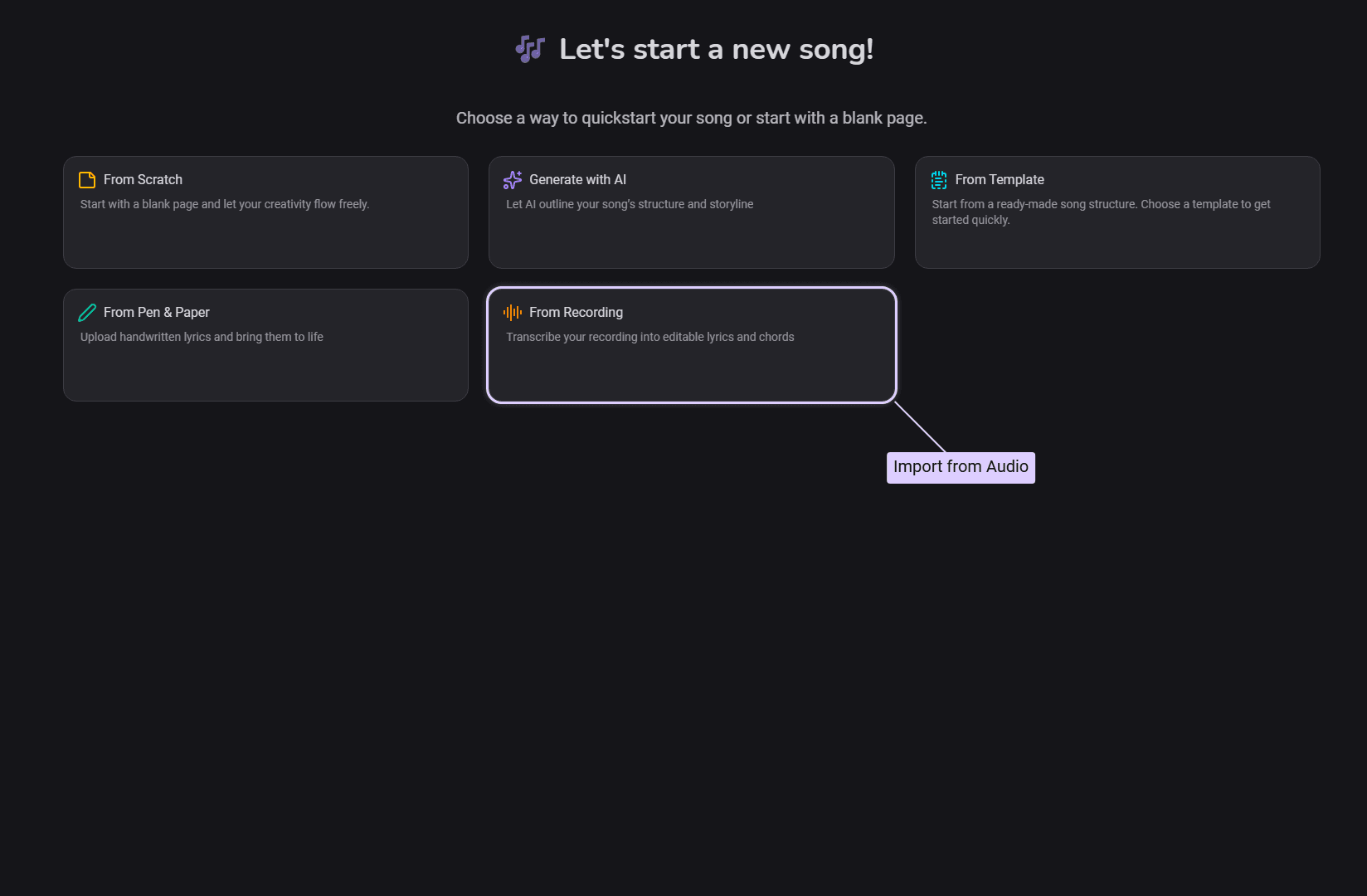 Import from audio button on the start screen