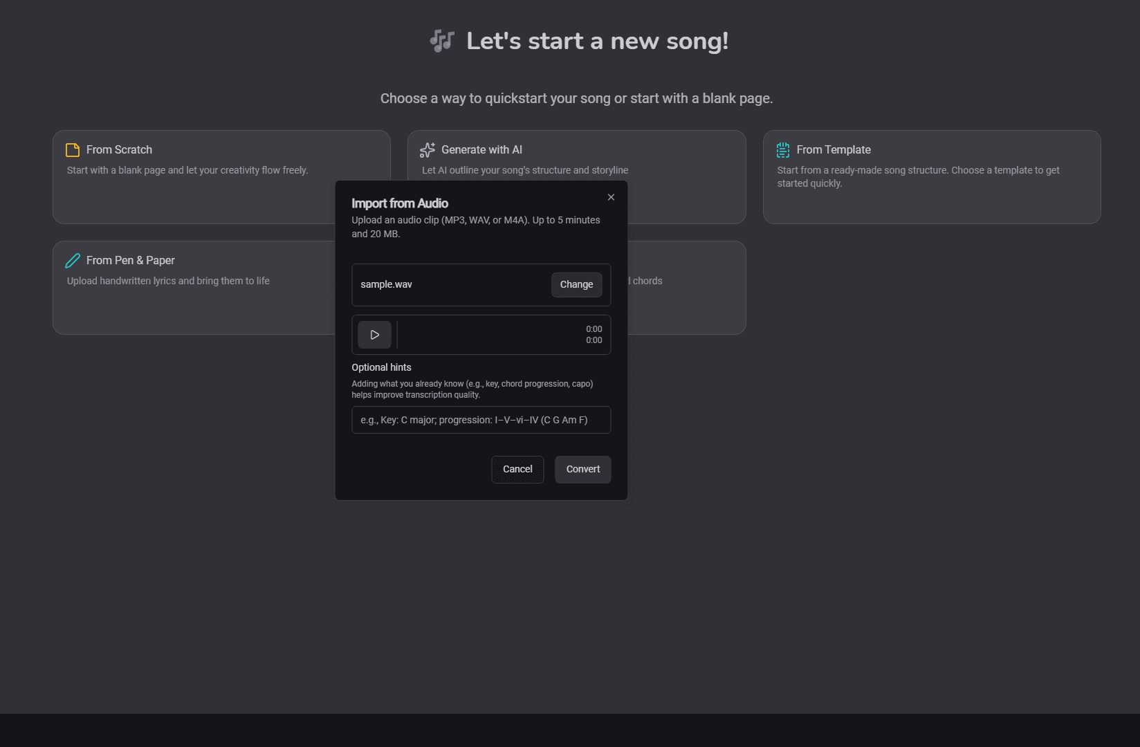 Selected audio with waveform and optional hints